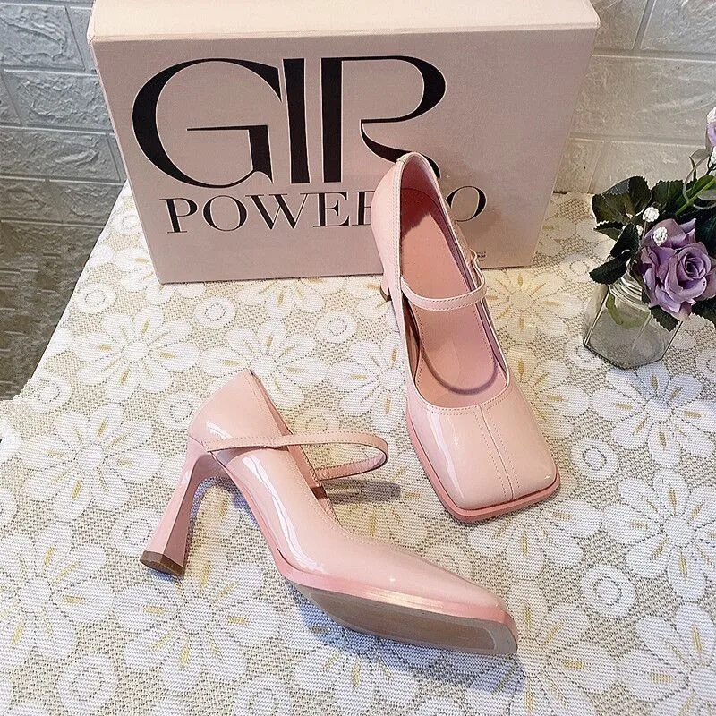 Pink High Heels Women's 2022 Spring New One-word Belt Retro Girl Mary Jane Shoes French Stiletto Heels Square Toe Shoes