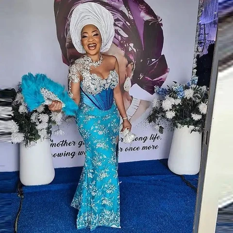 Женское платье с юбкой годе Aso Ebi, синее платье с аппликацией, с бисером и длинными рукавами, бальное платье для выпускного вечера