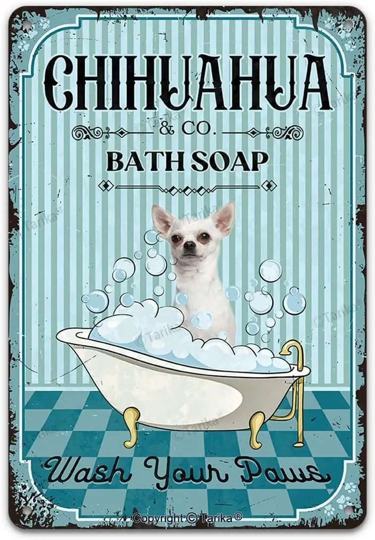 Vntge Dog Metl Tn Sgn Chhuhu Co. Bth Sop Wsh Your Pws Funny Lovely Puppy Pet rt Prntng Плакат Bthroom Tolet Lvng Room Home r