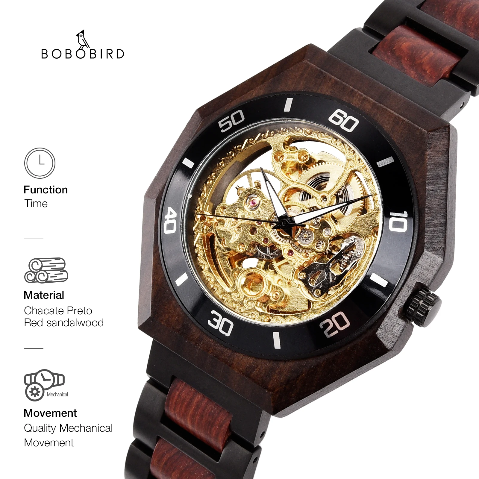 

BOBO BIRD Wood Watch For Men Automatic Mechanical Wristwatch Luminous Hands Clock Luxury Chronograph Custom Gift Box часы мужски