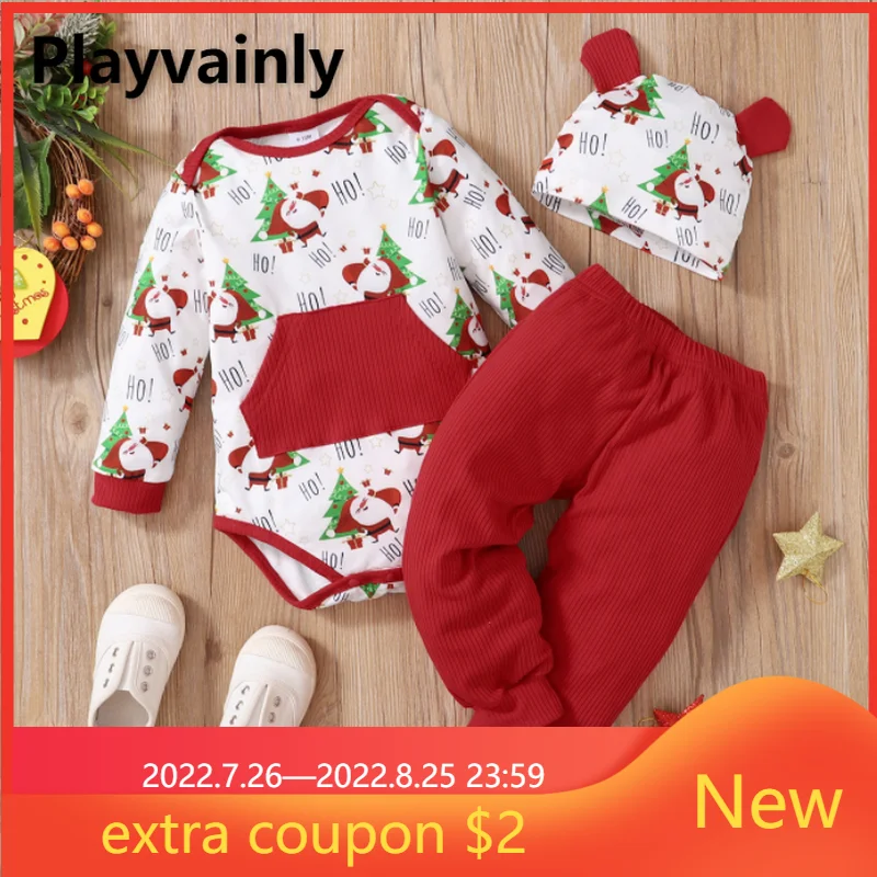 

Baby Girl christmas suit white Cotton Santa Claus print Bodysuit+red trousers+Cute hat 3pcs Sets Clothing E179