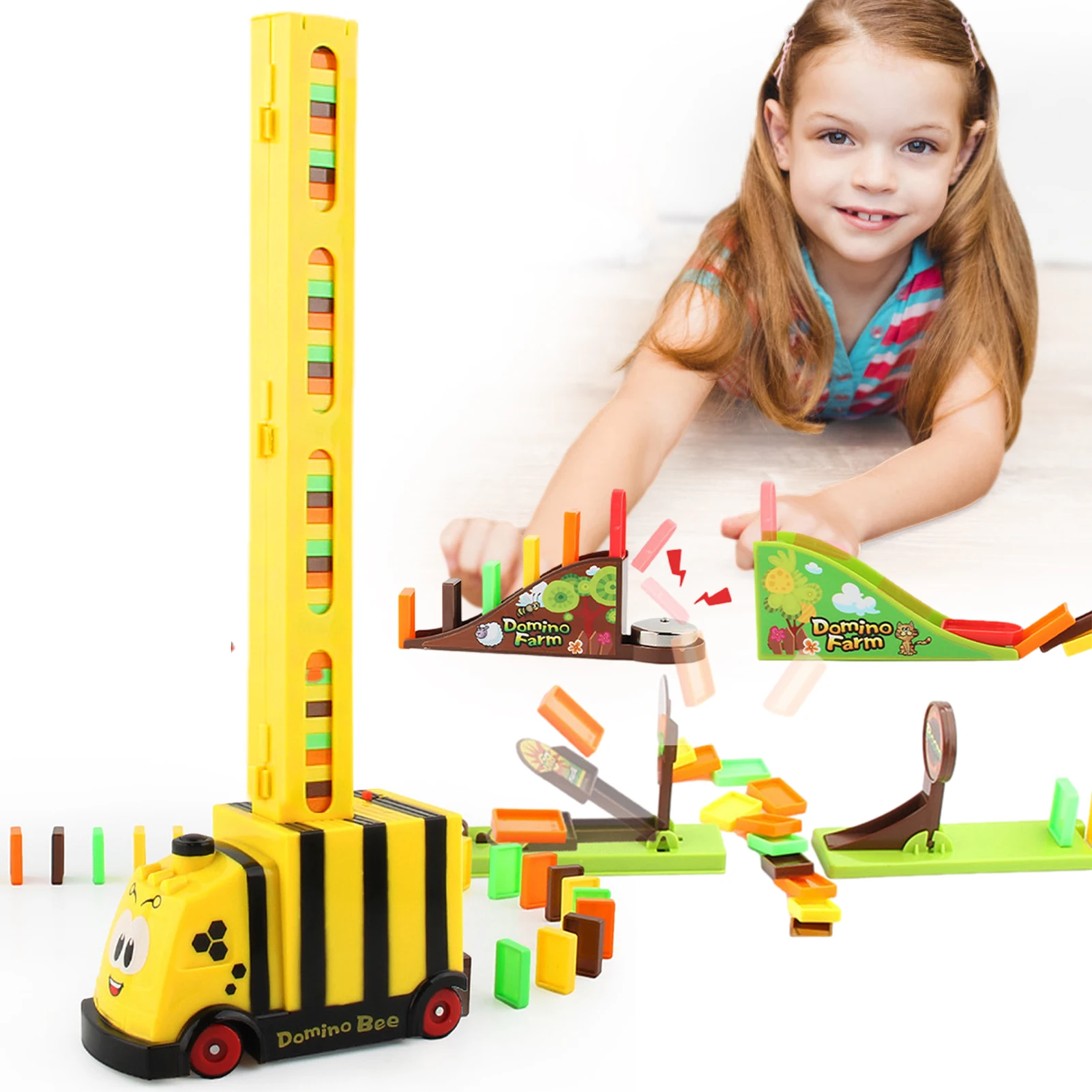 

Domino Train Toy 107pcs Bee Style Domino Train Set Domino Train Car Toy Mega Pack Dominoes Building Blocks Stacking Tile Games