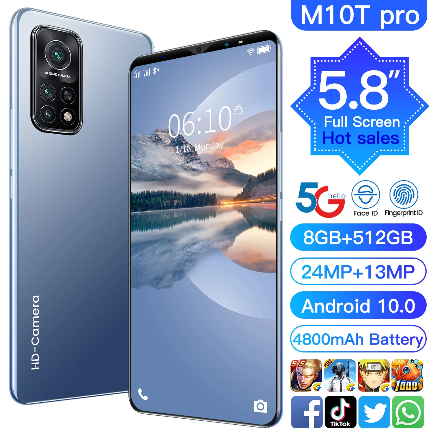 

M10T Pro 5.8Inch MT6763 CPU 6+128GB 8+13MP Unlocked Android Smartphone Global Version Dualcard Quad Camera Dual Card Cellphone