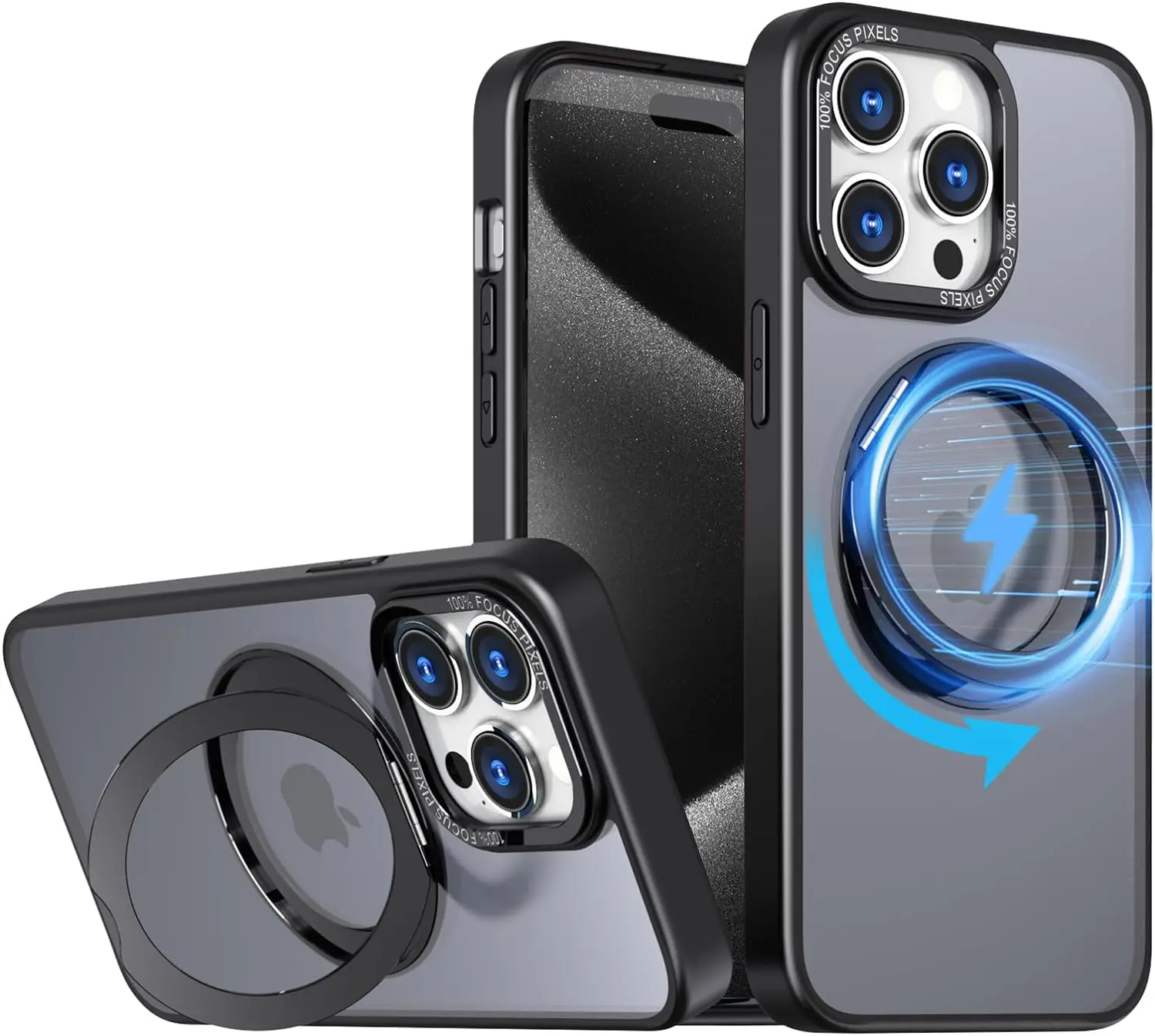 

Чехол для iPhone 15 Pro с вращающимся на 360 ° магнитным кольцом-подставкой, ударопрочный и прозрачный [совместим с MagSafe][Защита камеры]