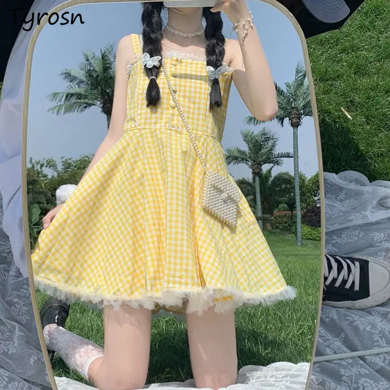 

Dresses Women Kawaii Summer Plaid Simple Tunic Preppy Style Holiday Student All-match Mini Vestidos Hot Sale Young Version Mujer