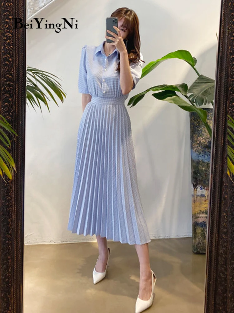 

Beiyingni Women Plaid Sashes Dress 2022 Short Sleeve Elegant Turndown Collar Pleated Midi Dresses Office Wear Vintage Vestidos