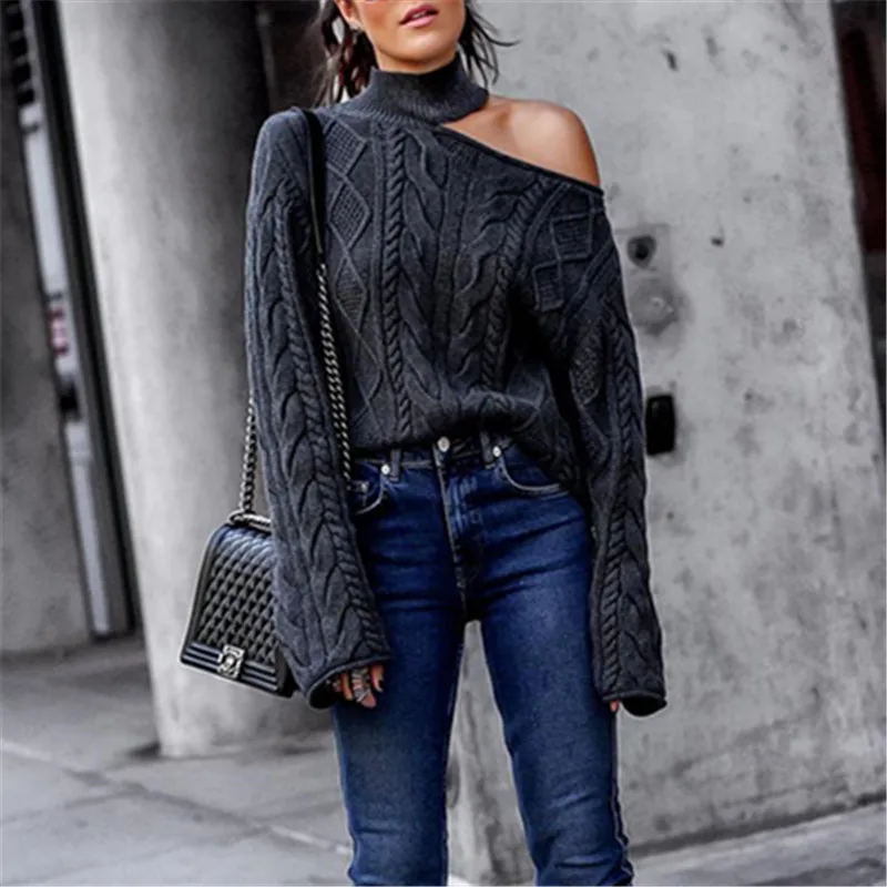 

High neck pullover shoulder twisting knitting sweater