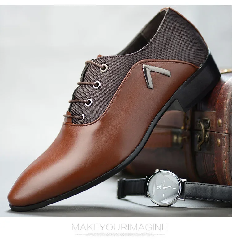 Мужские классические деловые туфли коричневые кожаные с острым носком большие