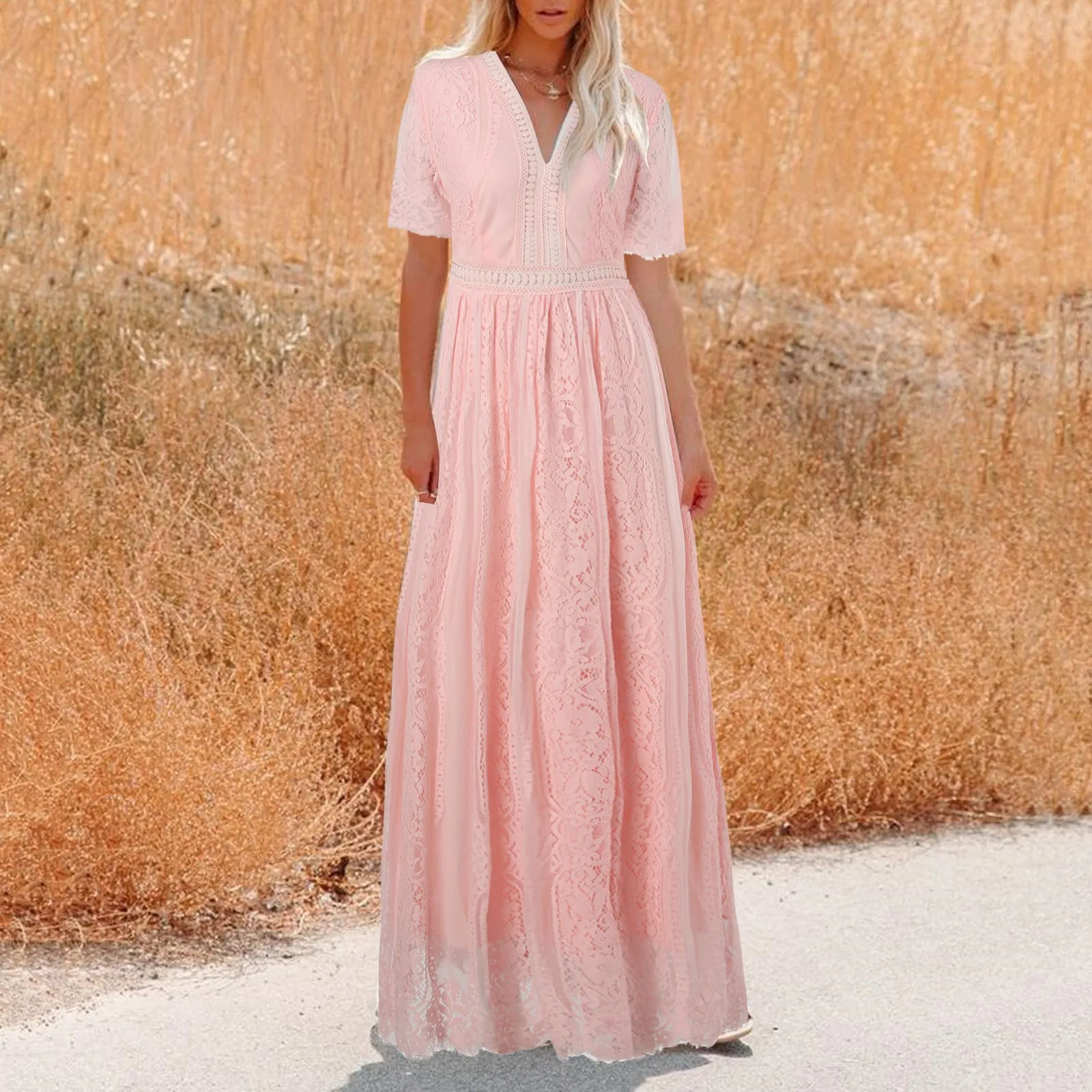 

Новинка Осень 2023 женское платье Элегантное модное Тюлевое платье с коротким рукавом и V-образным вырезом однотонное Плиссированное длинное платье с высокой талией