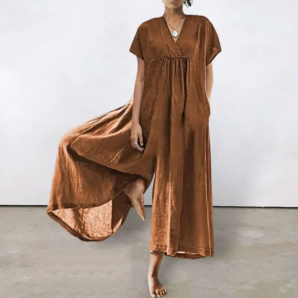 Women Jumpsuit Loose Solid Color Short Sleeves V-neck Ruched Cotton Linen Women Elegant Summer Wide Leg Rompers Daily Wear