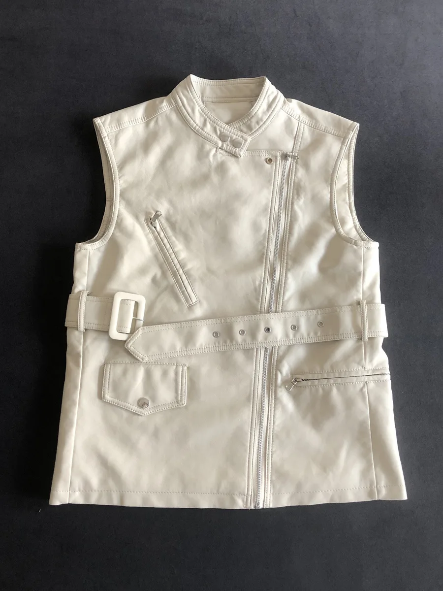 2023 autumn clothes new fashion slim small stand-up collar motorcycle leather vest belt sleeveless leather vest