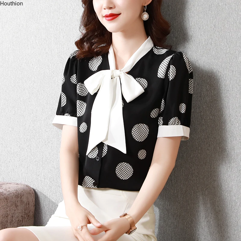 

Chiffon Women's Blouses New Polka Dot Bow Buttons Shirt Fashion Short Sleeve Top Summer Female Clothes Movafag