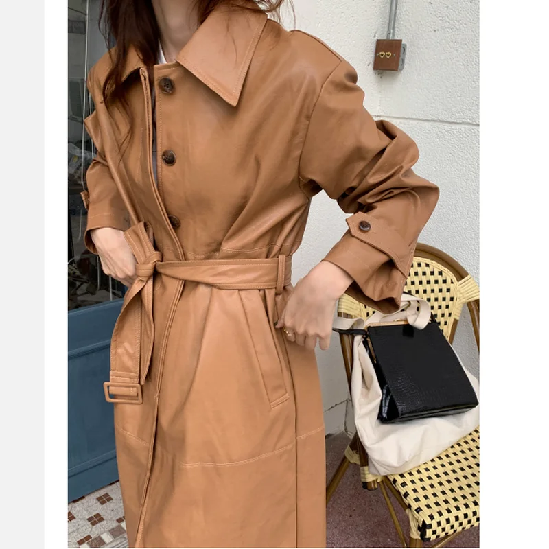 New Autumn and Winter Women's PU Long Faux Leather Jacket Windbreaker Lapel Tie with Loose Waist Fashion Leather Lace Up Jacket