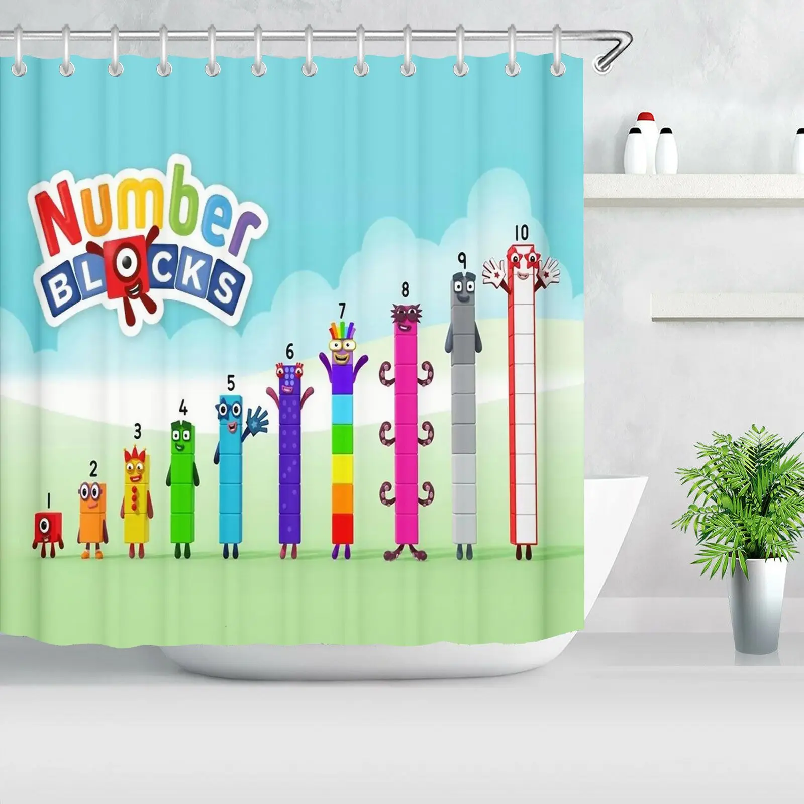 Фото Занавеска для душа с героями мультфильма Numberblocks, водонепроницаемая, для детской ванной комнаты, с крючками, развивающий декор для ванной для детей №4