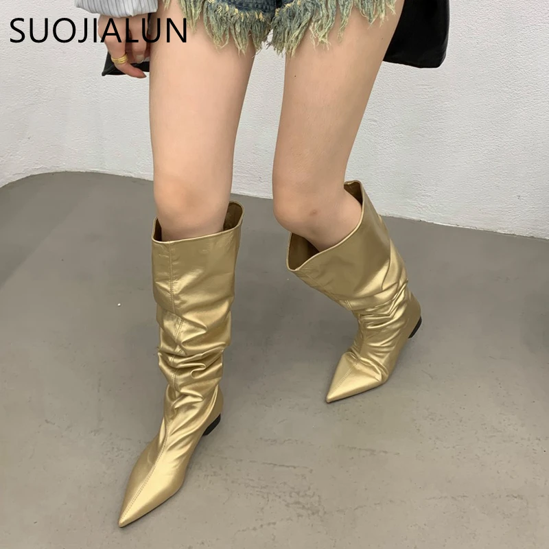 

Новые Брендовые женские длинные сапоги SUOJIALUN, модные золотые женские элегантные сапоги до колена, плиссированные рыцарские сапоги без застежек с острым носком