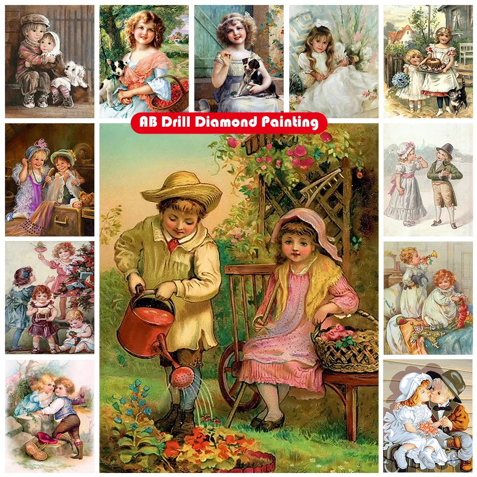 

5D DIY AB Diamond Painting Kit Character Little Girl Flower Kids Pour Glue Full Square Diamond Embroidery Mosaic Home Decor