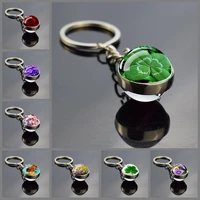lucky clover art picture glass ball keyring rose sunflower lavender daisy lotus flower keychain flower jewelry accessories