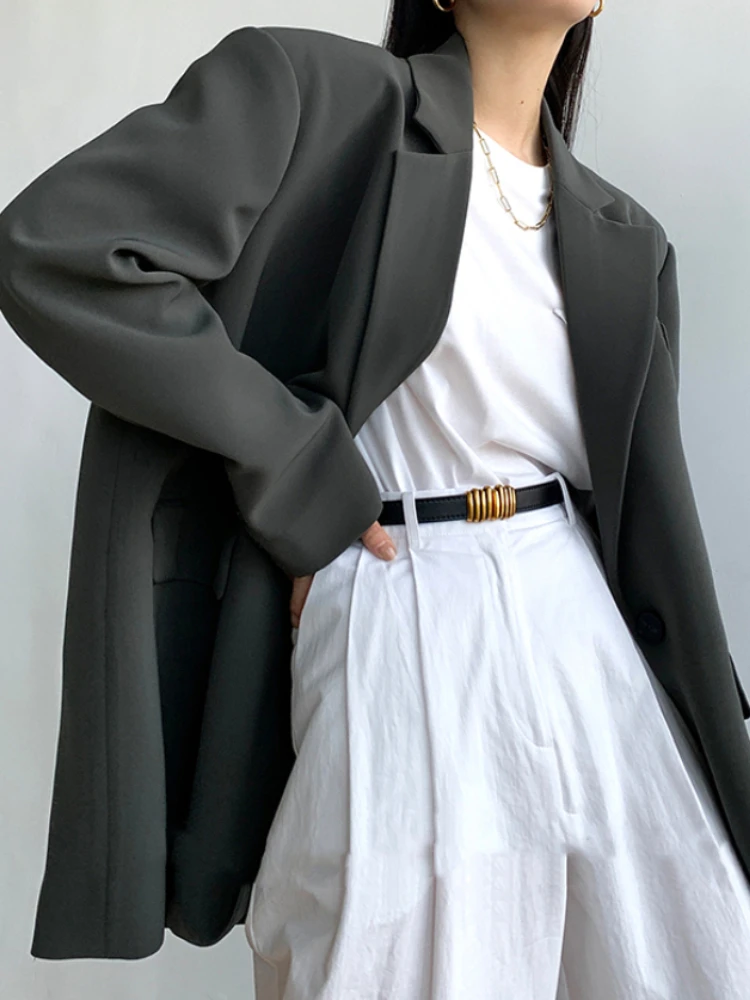 

Women Stylish Loose Solid Blazer Office Ladies Chic Notched Collar Full Sleeve Grey Suit Jacket Elegant Spring Autumn Outwear