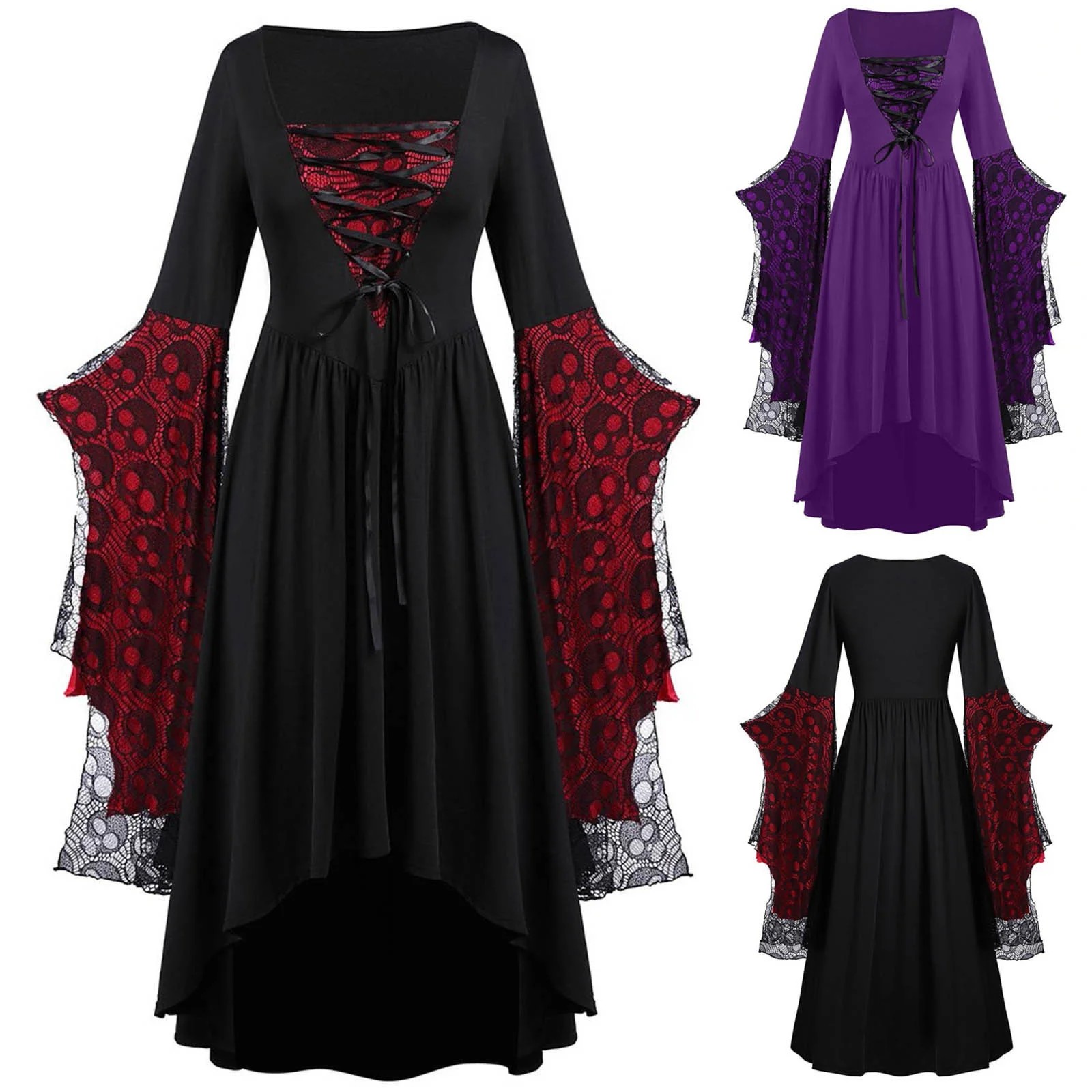 

Retro GothicHalloween Cosplay Costume Vampire Ghost Pumpkin Print Dress Up Party Medieval Vampire Women's Bride Wedding Dress