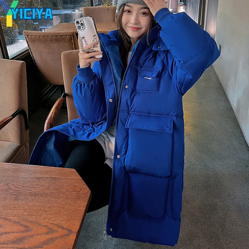 YICIYA Women's Winter Parkas 2023 Mid-long Jackets Casual Pockets Thick Warm Hooded Pattern Coat Outwear Windproof Jacket Parkas