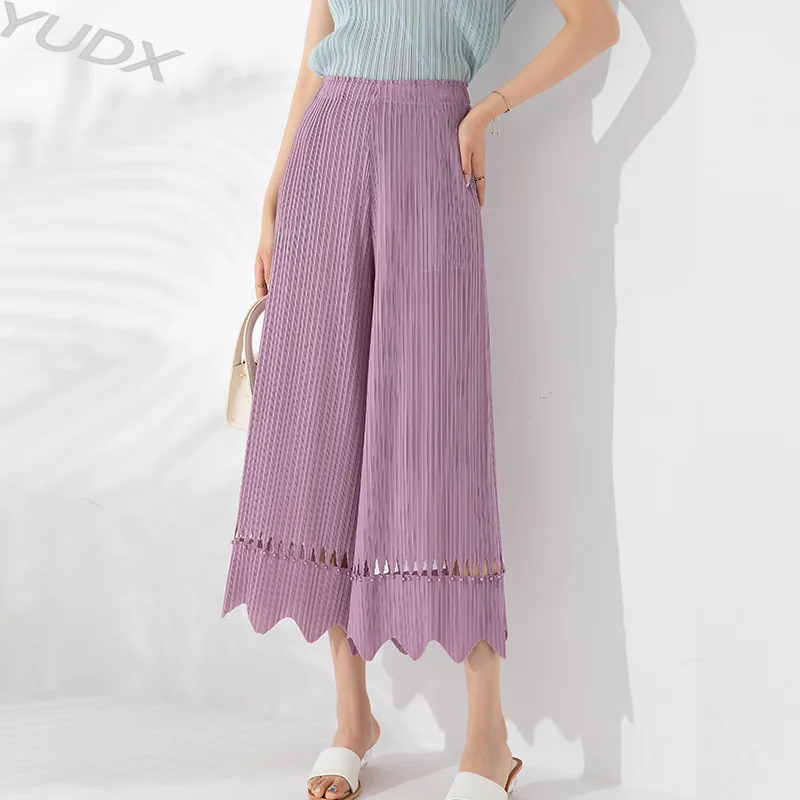 Women's Casual Trousers 2023 Summer New Fashion Design Beaded Hollow Flower High Waist Thin Draping Nine-point Wide Leg Trousers