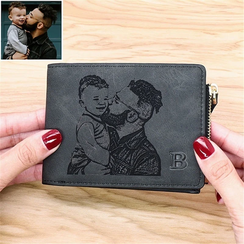

Personalized Custom Photo Wallet for Men with Zipper Coin Pocket Engraved Picture & Text Wallets Christmas Gift for Him