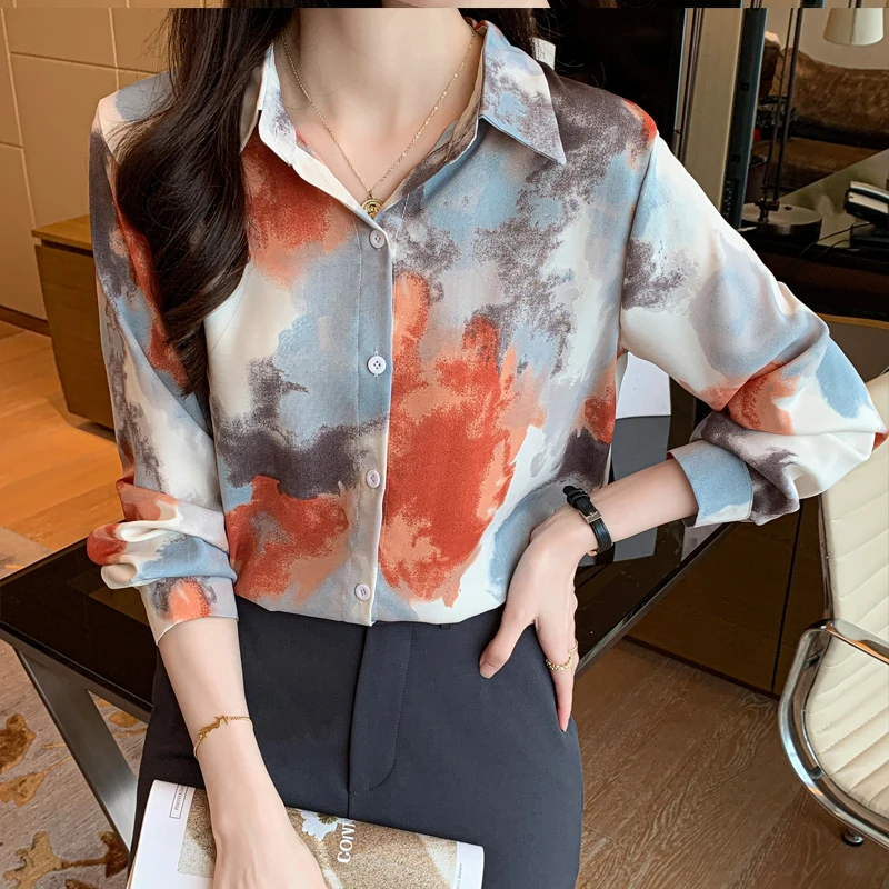 

Fashion Woman Blouse 2023 Printed Single Breasted Blouse Vintage Lapel Neck Long Sleeves Female Chic Lady Shirts