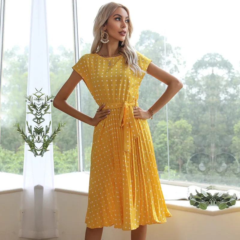 

Bohemian Dot Dress Summer Women O-Neck Short Sleeve Bandage Dresses Casual Commute Clothing 6 Colors Flying Sleeve Streetwear