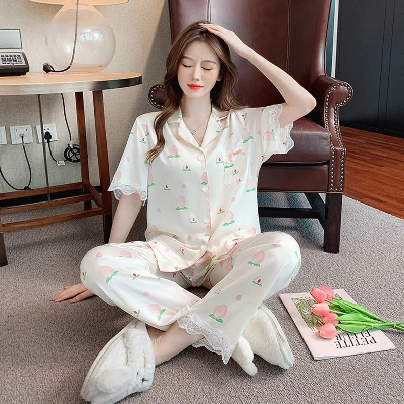 

Pajamas Women's Summer Ice Silk Short-sleeved Trousers Home Clothes Summer Thin Sweet Home Clothes Set