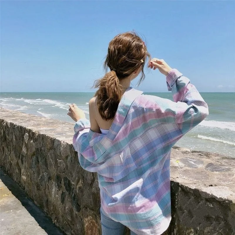 Рубашки женские в радужную полоску Sweet Mujer Лидер продаж S-4XL с заниженными плечами