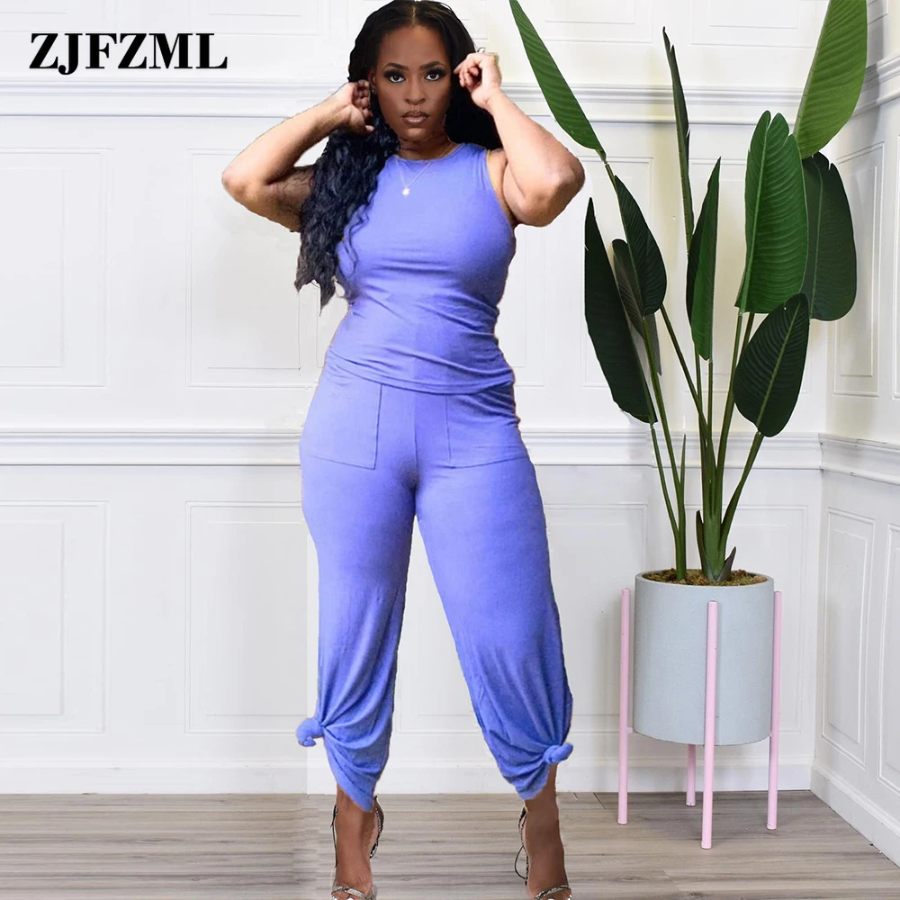 

Concise Solid Women's Tracksuit Sleeveless Sheath Slim Tank Tops and Pockets Bell Bottom Trouser Suits Girls Two Piece Outfits