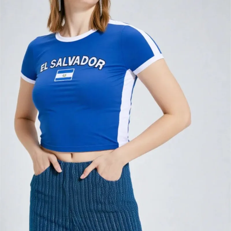 Фото Летняя женская футболка Y2K Baby Tee Slim Fit с коротким рукавом, синяя, с круглым вырезом, базовая, в спортивном повседневном стиле, укороченный топ №1