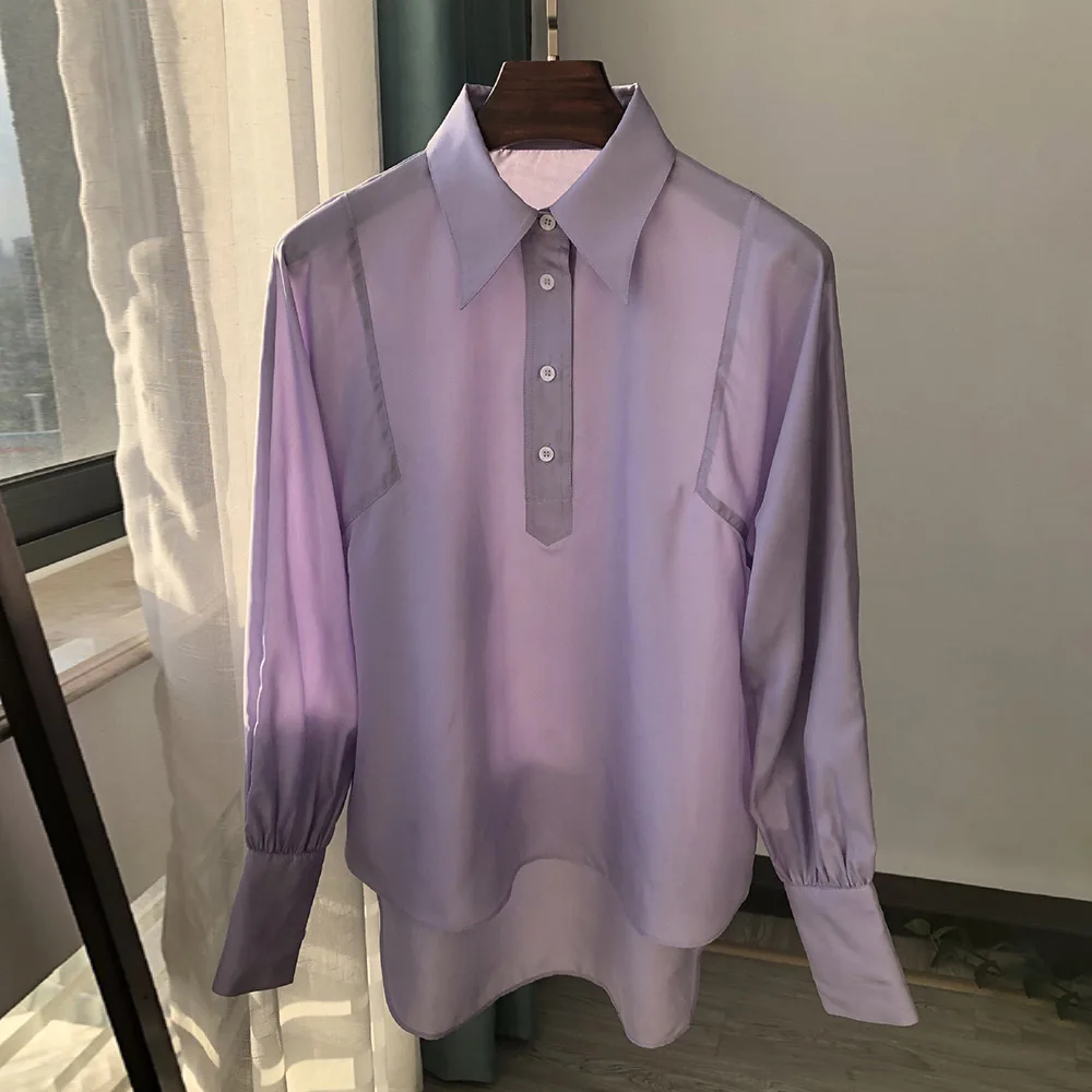 

Женская блузка на пуговицах, стандартный фиолетовый пуловер с лацканами и длинным рукавом, Повседневная офисная блузка свободного кроя, оф...