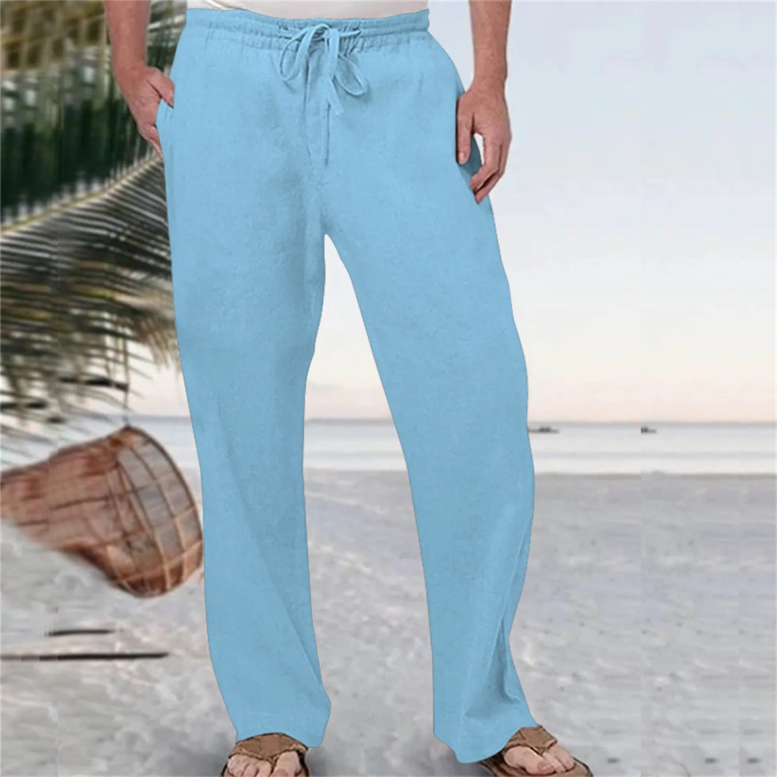 Men Cotton Linen Pants Solid Color Breathable Pocket Elastic Waist Trousers Joggers Fitness Loose Hip Hop Sweatpants Beach Pants images - 6