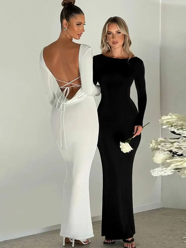 

Осенние элегантные женские длинные платья без рукавов с круглым вырезом и открытой спиной