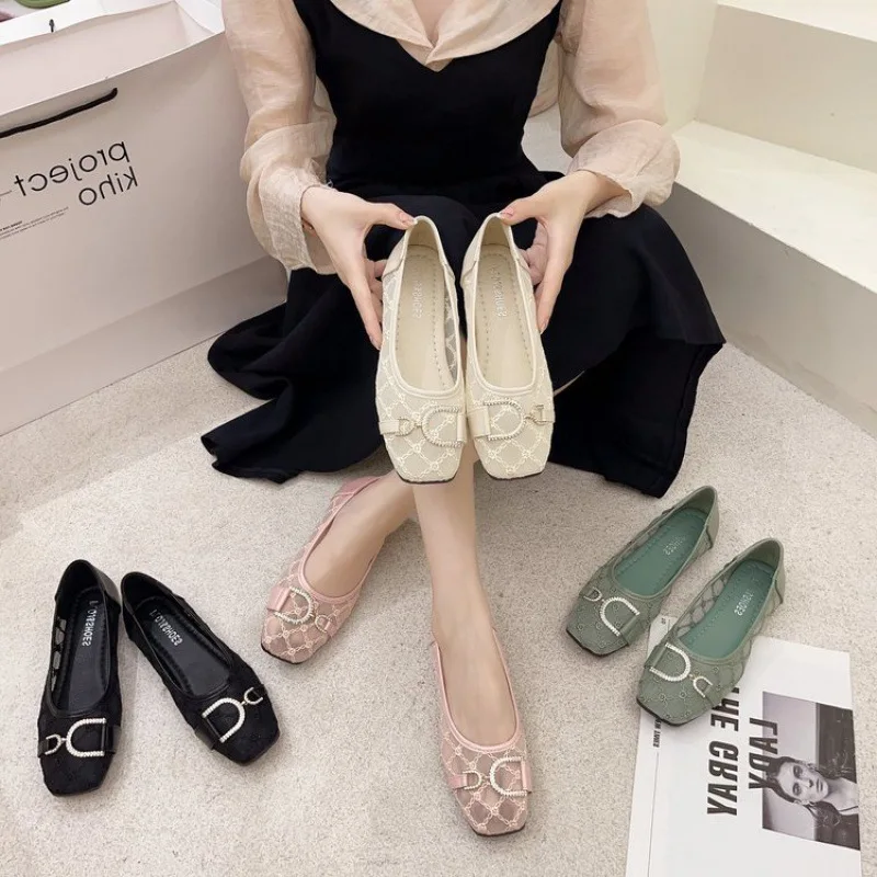 

New Lace Mesh Crystal Floral Loafers Shoes Women Comfort Breathable Summer Walking Shoes Woman Fashion Slip-on Ballet Flats