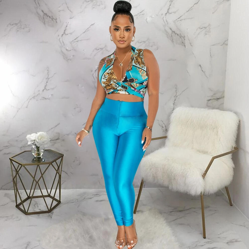 

2 Piece Women Set Dashiki African Sleeveless Bandage Tops And Pants Suits Outfits Fashion Office Lady Matching Sets Outfit