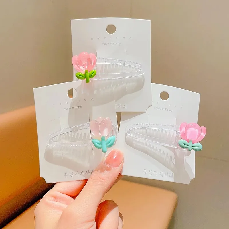 

Заколки для волос для девочек, 3 шт./комплект, милые заколки для волос с цветком тюльпана, прозрачные заколки, заколки для волос для детей, детские аксессуары для волос, головные уборы