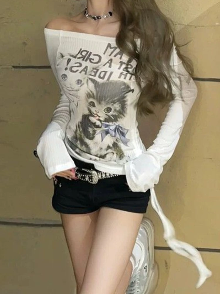 QWEEK Y2k Kawaii Милая футболка с принтом кота Женская 2024 гранж Повседневная Harajuku