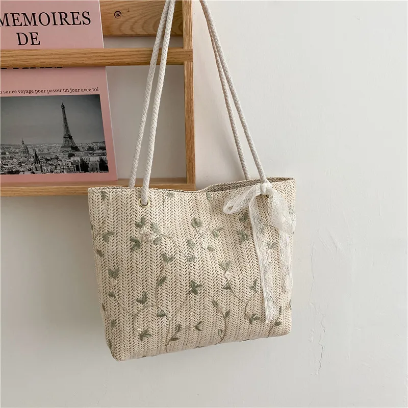

Summer Printing Straw Shoulder Bag for Women Weaving Lace Flowers Women's Beach Bags 2022 New Casual Seaside Travel Lady Handbag