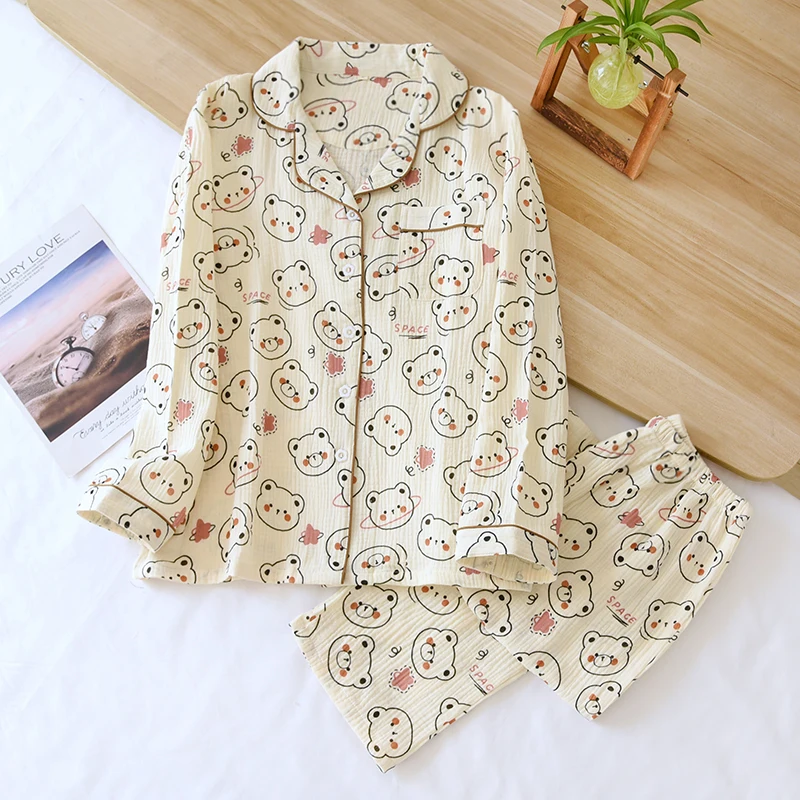 

Cute Cartoon Pajamas For Women Pure Cotton Crepe Female Loose Night Suit Double Gauze Sleepwear Long Sleeve Homewear Cozy Set