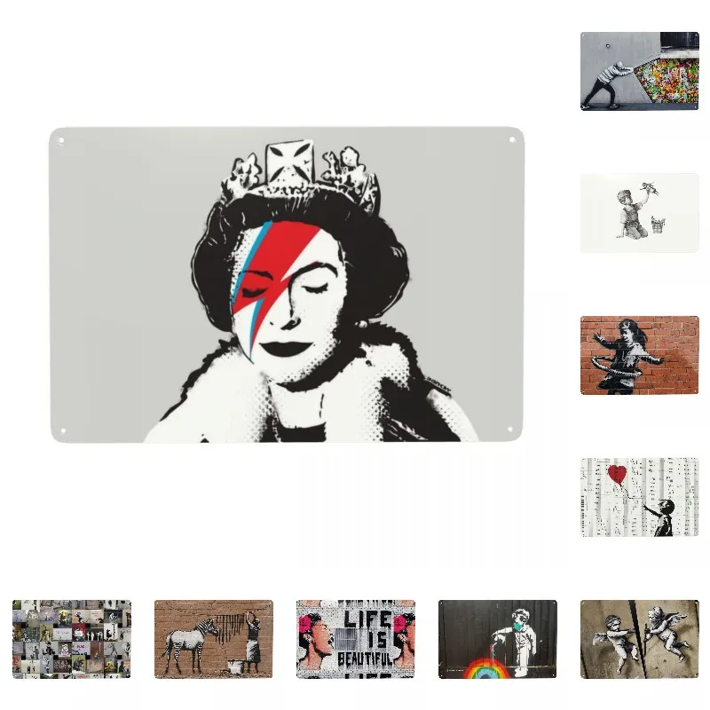 

Retro Banksy UK England Queen Elisabeth Rockband Face Makeup Metal Tin Sign Rectangle Custom Street Art Graffiti Signs Plaques