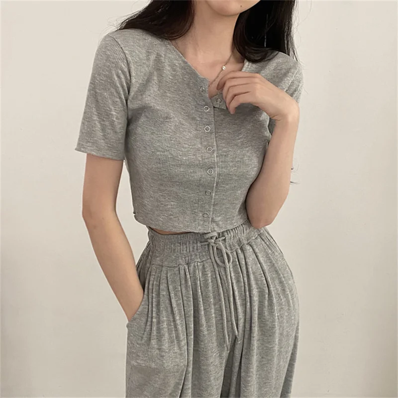 

Korean Chic Summer Sports Two Piece Sets Womens Outfits Short-sleeve Cardigan Shirt + Casual Pants Tracksuits Ensemble Femme