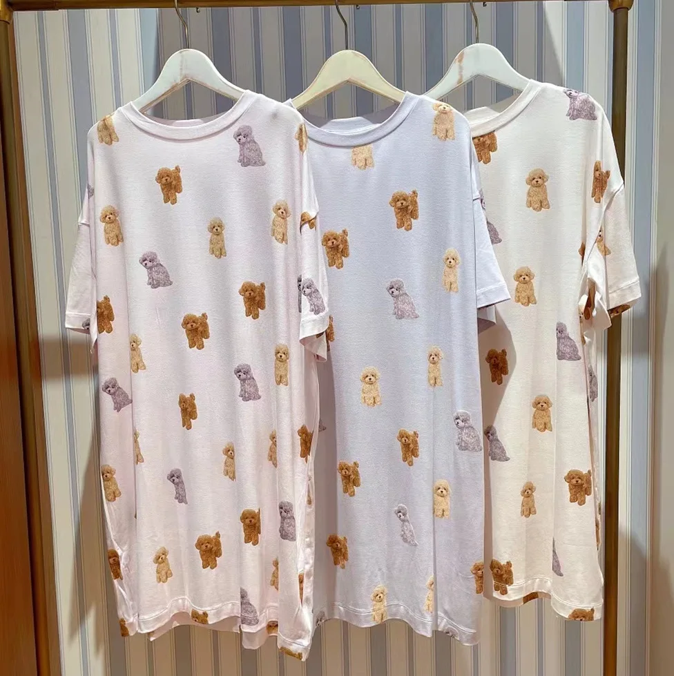 Pajama Room Wear Gelato Pique Women Pajamas Cute Poodle Short Sleeve T-shirt Shorts Trousers Long Dress Sleepwear Summer Modal