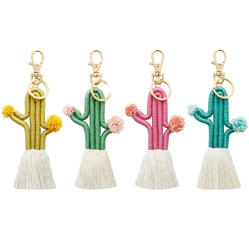 

4 Pack Women Girls Boho Weaving Cactus Tassel Keychain Bag Keyring Holder Wallet Purse Pendant Decoration