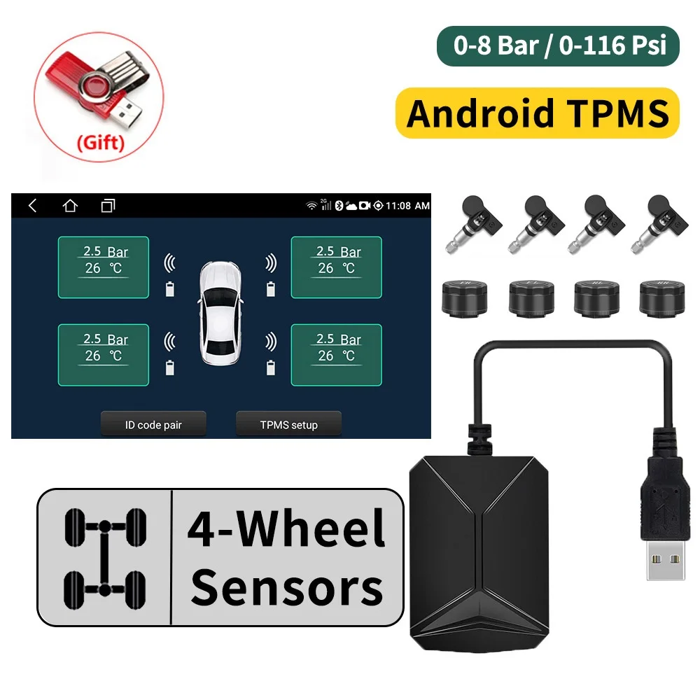 

Система контроля давления в шинах, прибор для контроля давления в шинах под управлением Android, с 4 запасными внутренними и внешними датчиками