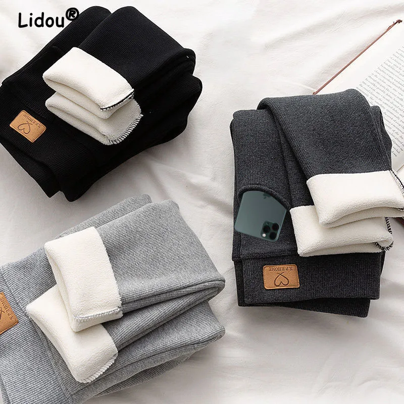 Autumn Winter Plus Velvet Thickening All-match Slim Leggings High Stretch Bottoming Trousers Pocket Women Fashion Soft Pants