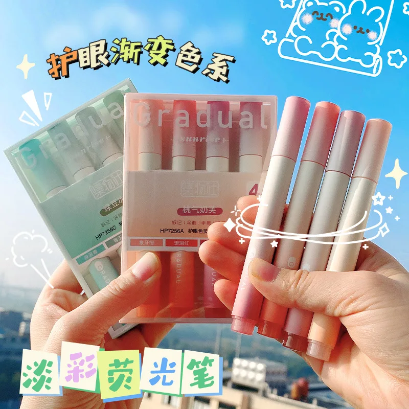

Gradient Highlighter Hand-Held Pens Wholesale Collection Agency 4 Sets Of Markers Cute Color Oblique Head.