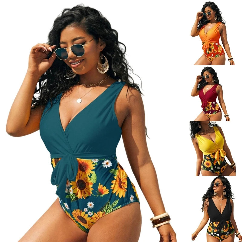 

2022 New One-Piece Swimsuit Push-up Swimwear Slimming Padded Bra Bikini Set Bandage Bikini Sunflower Pattern Printing