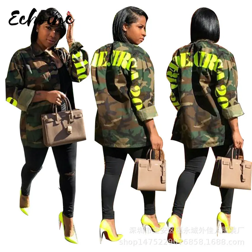 Women's Green Camouflage Long Jackets new Size Long Sleeve Camo Streetwear Coat femme Jacket